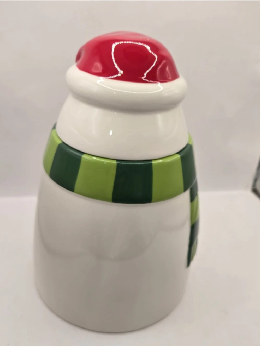 Hallmark Christmas Snowman Ceramic Cookie Jar Red Santa Hat Green Scarf 9